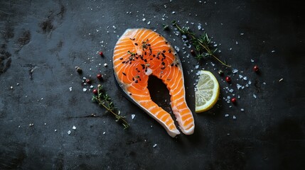 Canvas Print - Savory Salmon Steak with Fresh Herbs and Lemon on Dark Background