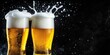 © Ben - Two Beer Glasses Clinking Together with Foam Splashes, Isolated on a Dark Background, Capturing a Cheers Moment in a High-Quality Stock Photo