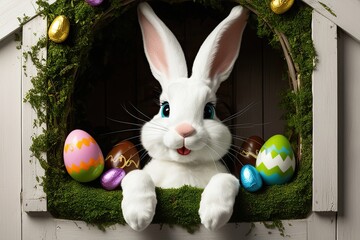 Wall Mural - Whimsical Easter Bunny Peeking from a Hidden Garden with Delightful Chocolate Eggs