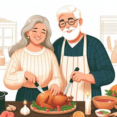 Latin senior couple cooking a turkey meat together for Christmas dinner at home in Mexico Latin America, hispanic people preparing food in holidays. illustration white background