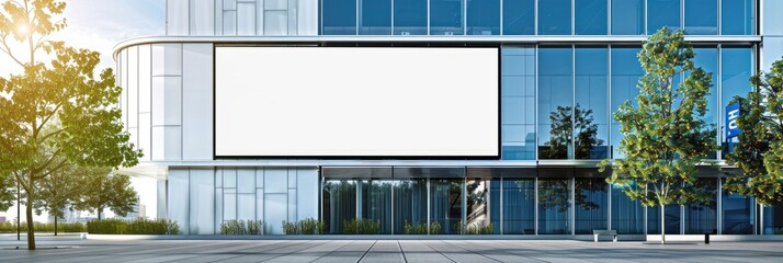 large horizontal outdoor billboard mockup on glass wall of a contemporary structure, providing space