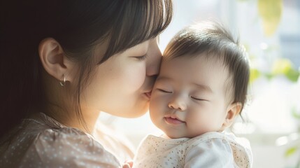 tender moment: asian mother kissing newborn in soft natural light