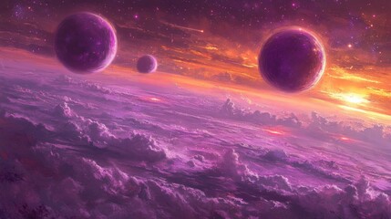 A painting of two purple planets in the sky with a sunset in the background