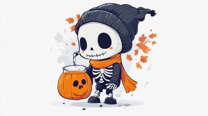 Wall Mural - A cartoon skeleton holding a pumpkin and a cup