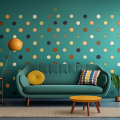 Wall Mural - Teal Sofa with Yellow Pillows in Living Room with Polka Dot Wall