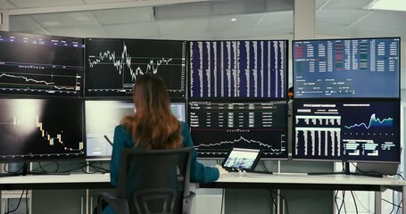 Poster - Back, woman and trader with computer for stock market, financial trading and investment performance of profit. Female person, digital and cryptocurrency with data analysis, graph increase and growth