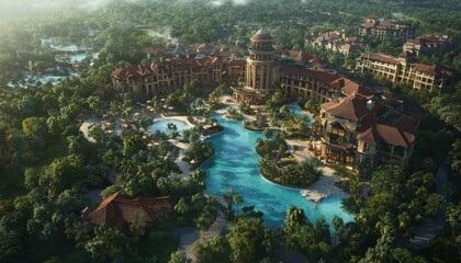 Poster - Aerial View of a Luxurious Resort with Winding Pool and Lush Greenery