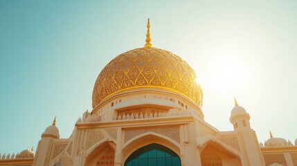 The golden details of a mosque's dome shining under the midday sun, framed by a cloudless sky.