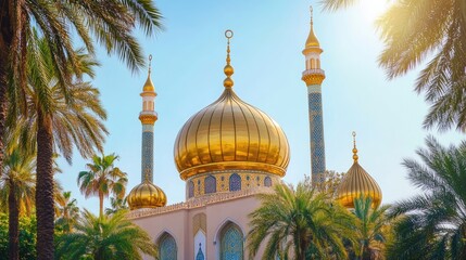 The golden dome of a mosque glistening in the sunlight, surrounded by palm trees and clear skies.