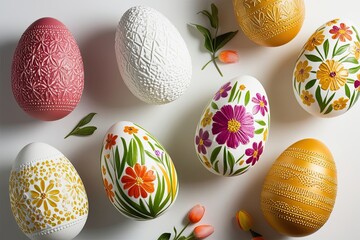 Wall Mural - Vibrant Textured Floral Easter Eggs on Clean White Background