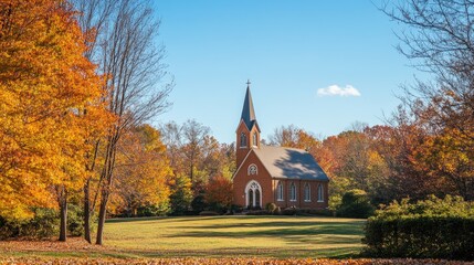 The view of a church from a distance, surrounded by autumn foliage and a clear blue sky.