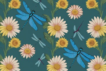 Colorful Daisies and Blue Dragonflies Artwork for Nature Inspired Wallpaper Design