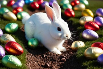 Wall Mural - Charming Easter Bunny Discovering Colorful Chocolate Eggs in Lively Patch