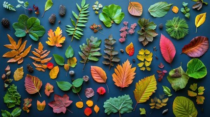 Collection of Fall and Spring Leaves on a Blue Background