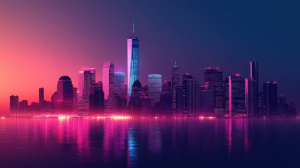 Wall Mural - Futuristic Neon Cityscape at Night with Reflections