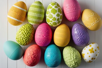 Colorful Textured Easter Eggs with Unique Designs on a Clean White Background