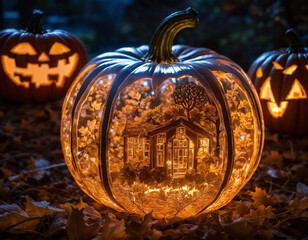 Wall Mural - highly detailed carved transparent crystal Pumpkin, glowing from inside in the middle of a pumpkin patch at night