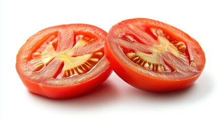 Two halves of a red ripe tomato sliced horizontally, isolated on white.