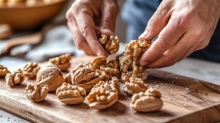 Hands Cracking Walnuts on Wooden Board