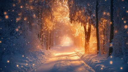 Wall Mural - A Snow-Covered Forest Path Illuminated by Golden Lights