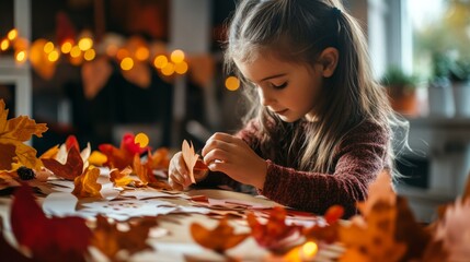 Sticker - Young Girl Creating Autumn Craft With Fall Leaves