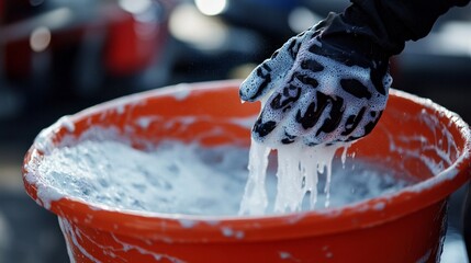 A person is washing their hands in a bucket of soapy water