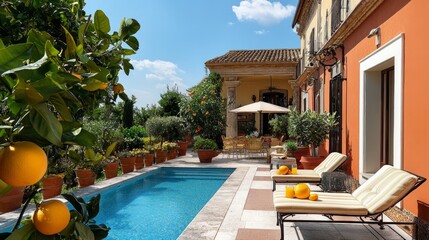 A pool with a patio and a house with a red exterior