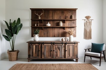 Wall Mural - Cozy Rustic Wooden Cabinet and Minimalist Decor in Light Living Room with White Walls