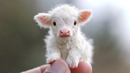 Wall Mural - A baby cow with a white face and pink nose is being held in a person's hand