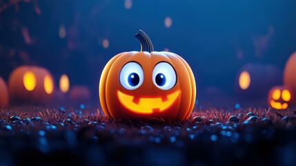 Sticker - Charming cartoon pumpkin with big eyes shines in a spooky Halloween night, perfect for festive fun and creativity