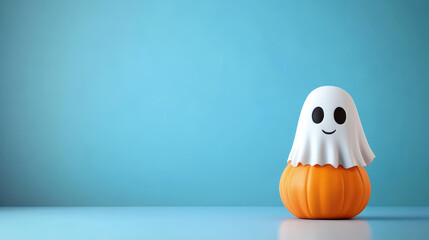 Sticker - Adorable cartoon pumpkin in a ghost costume, perfect for Halloween Great illustration with a clear background and ample copy space.