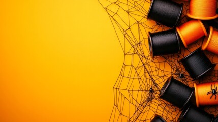 A spider web of orange and black threads is on a yellow background