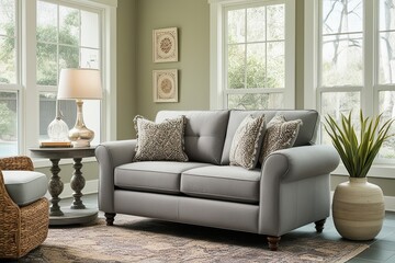 Wall Mural - Light Grey Loveseat with Decorative Accents for Stylish Sunroom Decor