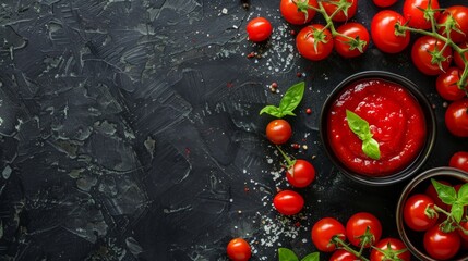 A black background with a bowl of red sauce and a bunch of tomatoes