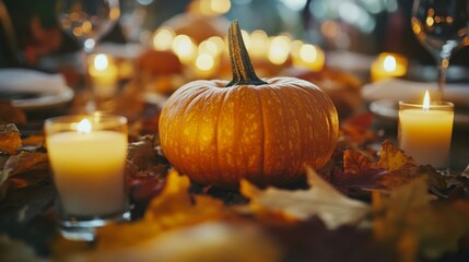 Sticker - Pumpkin and Candles on a Table Decorated with Autumn Leaves