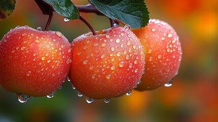 Three apples are hanging from a tree, with raindrops on their skin