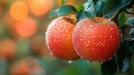 Two apples are hanging from a tree with raindrops on them