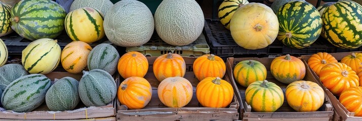 Poster - Different types of melons arranged at a market stand