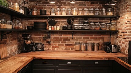 industrial kitchen, metal shelving, hanging pots and pans, labeled glass jars for storage, rustic wood counters, exposed brick walls, organized space, warm lighting