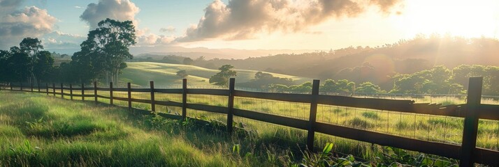 Sticker - Fence encircled by various greenery in a vibrant field beneath a clear sky