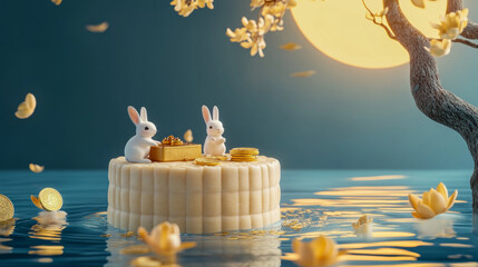 A couple of rabbits are sitting on a cake in a pond