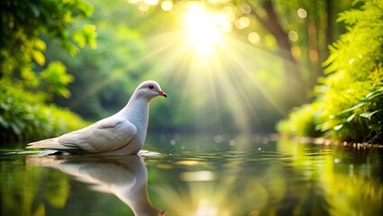 Tranquil floaty dove in peaceful river with dappled sunlight and lush greenery