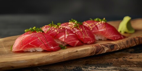 Wall Mural - Sushi made with tuna presented on a wooden platter