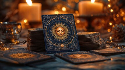 Mysticism and occult themes come alive in this detailed tarot card design. The cards feature dark, enigmatic symbols such as the all-seeing eye, crescent moons, and intricate geometric patterns.