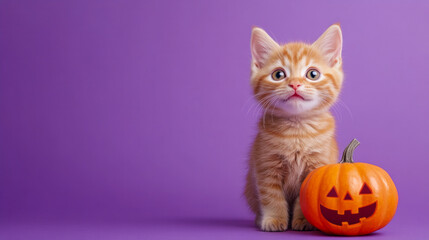 Wall Mural - A cat is standing in front of a pumpkin with a smile on its face