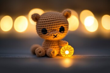 Canvas Print - Cute Crochet Bear Holding a Lantern with Warm Lights in Background