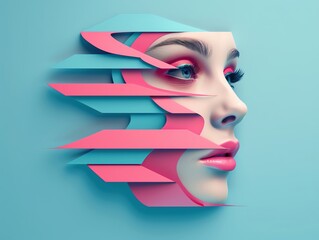 Surreal human face with neon pink and blue geometric shapes, creating a futuristic and artistic composition, on a blue background.