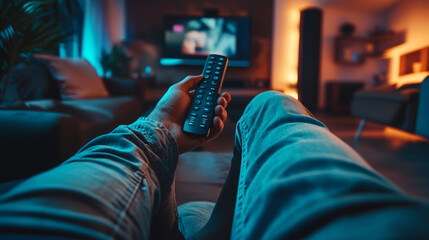A man is holding a remote control in his lap while watching television