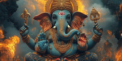 Ganesha in Flames: A majestic depiction of the Hindu deity Ganesha, bathed in fiery light and surrounded by swirling smoke, evokes a sense of power, devotion, and the divine.  