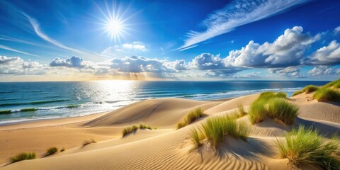 Wall Mural - Seascape with sand dunes and sea on a bright sunny day, beach, coastline, ocean, summer, nature, sand, dunes, horizon